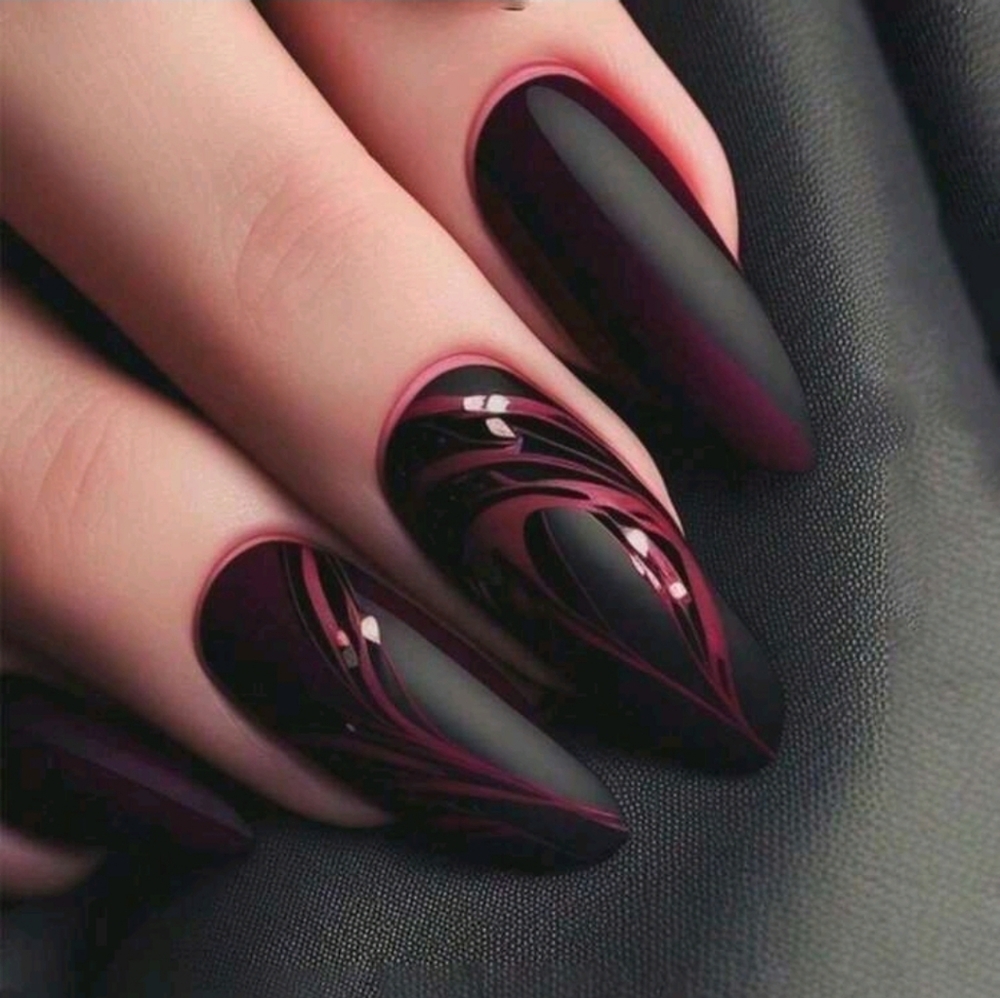 Matte Black & Deep Burgundy Swirl Stiletto Nails